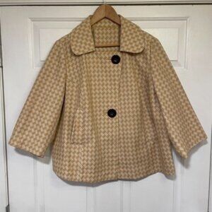 Retro Mod 60s Houndstooth Cropped Jacket Beige Button Front Career Coat L XL